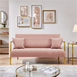 Yaheetech Pink Upholstered Sofa Couch With 2 Pillows And Gold-Tone Metal Arms