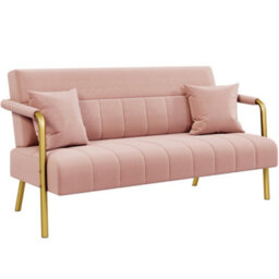 Yaheetech Pink Upholstered Sofa Couch With 2 Pillows And Gold-Tone Metal Arms - thumbnail 2