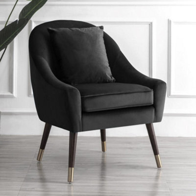 Octavia 74Cm Wide Pillow Back Black Velvet Fabric Accent Chair With Steel Tipped Walnut Colour Wooden Legs