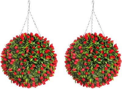 Pair Of Best Artificial 38Cm Red Lush Tulip Hanging Basket Flower Topiary Ball - Weather & Fade Resistant - image 1