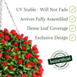 Pair Of Best Artificial 38Cm Red Lush Tulip Hanging Basket Flower Topiary Ball - Weather & Fade Resistant - thumbnail 2