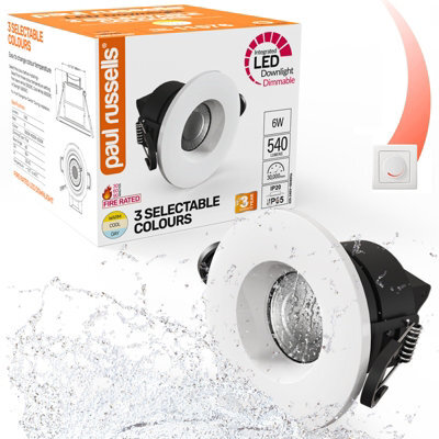 Paul Russells Led Fire Rated Downlights, White Bezel, 6W 550 Lumens, Ip65, Cct3 3000K Warm-4000K Cool-6500K Day Light, Pack Of 1 - image 1