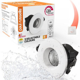 Paul Russells Led Fire Rated Downlights, White Bezel, 6W 550 Lumens, Ip65, Cct3 3000K Warm-4000K Cool-6500K Day Light, Pack Of 1 - thumbnail 1