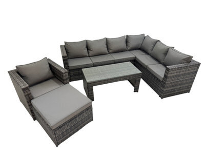 Fimous Outdoor Rattan Oblong Coffee Table Corner Sofa Sets Garden Furniture Set With Chair Big Stool Dark Grey Mixed - image 1