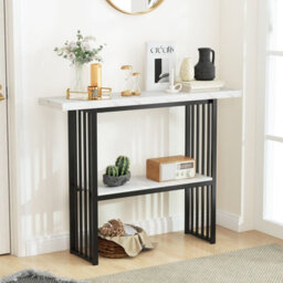 Costway 2-Tier Console Table White Faux Marble Sofa Table Modern Entryway Hallway Narrow Table - thumbnail 1