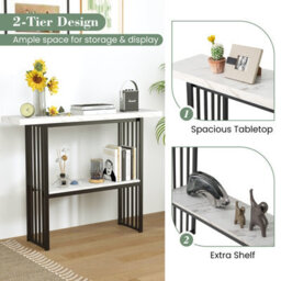 Costway 2-Tier Console Table White Faux Marble Sofa Table Modern Entryway Hallway Narrow Table - thumbnail 7