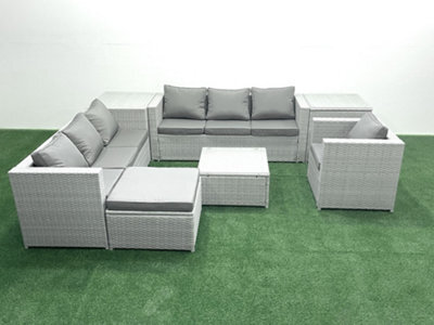 Fimous Wicker Pe Rattan Sofa Garden Furniture Set Armchair Square Coffee Table Big Stool 2 Side Tables Light Grey - image 1