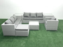 Fimous Wicker Pe Rattan Sofa Garden Furniture Set Armchair Square Coffee Table Big Stool 2 Side Tables Light Grey - thumbnail 1