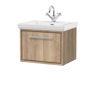 Hudson Reed Lille Wall Hung Single Drawer Contemporary Vanity Unit With 1 Tap Hole Basin In Bleached Oak, 630 X 471mm - image 1