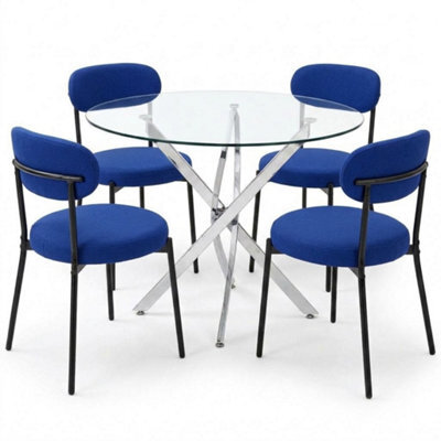 Oira Homes Modern Round Glass Dining Table Set With 4 Blue Velvet Chairs 4 Seater Dining Table Set - image 1