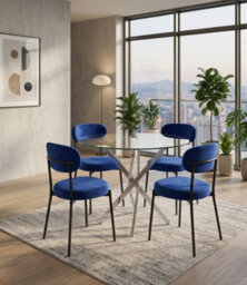 Oira Homes Modern Round Glass Dining Table Set With 4 Blue Velvet Chairs 4 Seater Dining Table Set - thumbnail 2