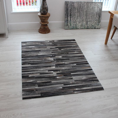 Grey Handmade , Luxurious , Modern , Cowhide Wasy To Clean Leather Striped Rug For Living Room, Bedroom - 160Cm X 230Cm - image 1