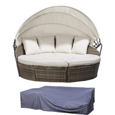 Evre Seychelles Day Sun Bed Rattan Round Outdoor Garden Furniture Set With Extendable Canopy Table 5 Pieces Mixed Grey With Cover - image 1