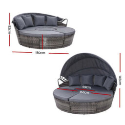 Evre Seychelles Day Sun Bed Rattan Round Outdoor Garden Furniture Set With Extendable Canopy Table 5 Pieces Mixed Grey With Cover - thumbnail 8