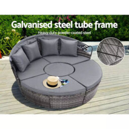 Evre Seychelles Day Sun Bed Rattan Round Outdoor Garden Furniture Set With Extendable Canopy Table 5 Pieces Mixed Grey With Cover - thumbnail 9