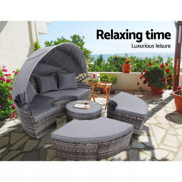 Evre Seychelles Day Sun Bed Rattan Round Outdoor Garden Furniture Set With Extendable Canopy Table 5 Pieces Mixed Grey With Cover - thumbnail 5
