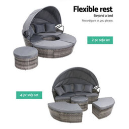 Evre Seychelles Day Sun Bed Rattan Round Outdoor Garden Furniture Set With Extendable Canopy Table 5 Pieces Mixed Grey With Cover - thumbnail 3