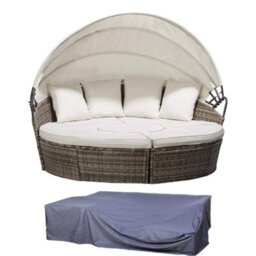 Evre Seychelles Day Sun Bed Rattan Round Outdoor Garden Furniture Set With Extendable Canopy Table 5 Pieces Mixed Grey With Cover