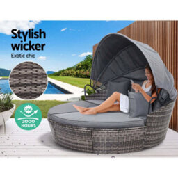 Evre Seychelles Day Sun Bed Rattan Round Outdoor Garden Furniture Set With Extendable Canopy Table 5 Pieces Mixed Grey With Cover - thumbnail 2