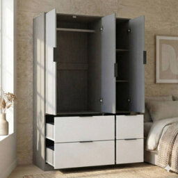 Urbn-Living Urbnliving 3 Door Wardrobe With 4 Drawers Wooden Bedroom Storage Cupboard With Hanging Rail For Clothes - Cedar Grey Unit & Grey - thumbnail 5