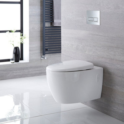 Homestylestore White Ceramic Bathroom Wall Hung Round Rimless Toilet Wc Tall Wall Frame And Chrome Rectangular Flush Plate - image 1
