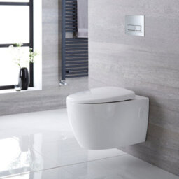 Homestylestore White Ceramic Bathroom Wall Hung Round Rimless Toilet Wc Tall Wall Frame And Chrome Rectangular Flush Plate