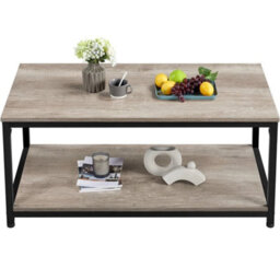 Gray Industrial Coffee Table W/ Storage Shelf Vintage Wood Side Table For Living Room - thumbnail 1