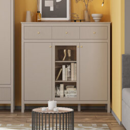 Heze Furniture Kleo 3 Door 3 Drawers Sideboard With Glass - Taupe - thumbnail 2