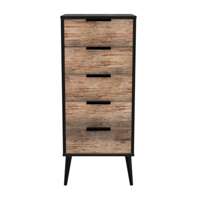 Fuji 5 Drawer Tallboy In Vintage Oak & Black (Ready Assembled)