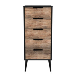 Fuji 5 Drawer Tallboy In Vintage Oak & Black (Ready Assembled)