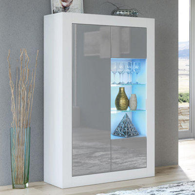 Creative Furniture Arcadia Display Cabinet 140Cm - White & Grey Gloss Doors And Led Lights - image 1