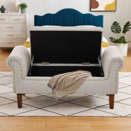 Linen Fabric Upholstered Bench Bed End Window Seat Ottoman Storage - thumbnail 1