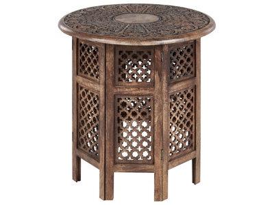Wyld And Coco Mangocraft Round Side Table Dark Mango Wood Carved Top Dia 53 Cm - image 1
