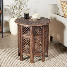 Wyld And Coco Mangocraft Round Side Table Dark Mango Wood Carved Top Dia 53 Cm - thumbnail 2