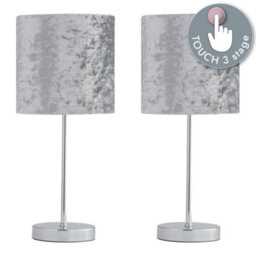 First Choice Lighting Set Of 2 Chrome Touch Table Lamp With Grey Crushed Velvet Shades