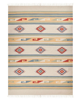 Beliani Klim Handwoven Cotton Kilim Rug 140 X 200 Cm Beige Multicolour Reversible Tassels - image 1