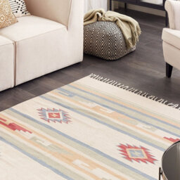 Beliani Klim Handwoven Cotton Kilim Rug 140 X 200 Cm Beige Multicolour Reversible Tassels - thumbnail 2