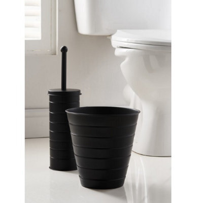 Toilet Brush With Lid Holder & Bin Set Bathroom Trash Cleaner Tidy Metal Black - image 1
