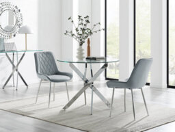 Furniturebox Uk Novara 100Cm Round  Dining Table And 2 Grey Pesaro Silver Leg Chairs
