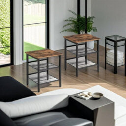 Modcraft Set Of 2 Industrial Side Tables - Rustic Brown & Black Nightstands With Adjustable Mesh Shelves - thumbnail 5