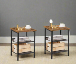 Modcraft Set Of 2 Industrial Side Tables - Rustic Brown & Black Nightstands With Adjustable Mesh Shelves - thumbnail 1