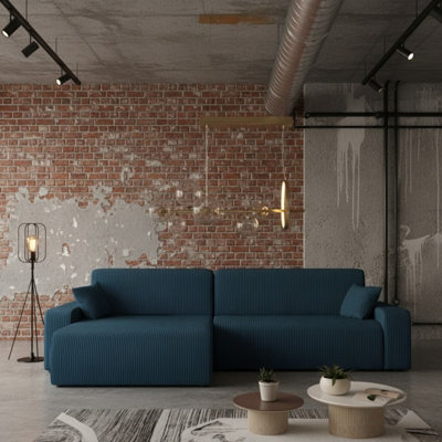 Piano L Maxi Ribbed Corduroy Corner Sofa Bed Universal Lr Poso Cord Fabric With Storage Sleeping Function Blue - image 1