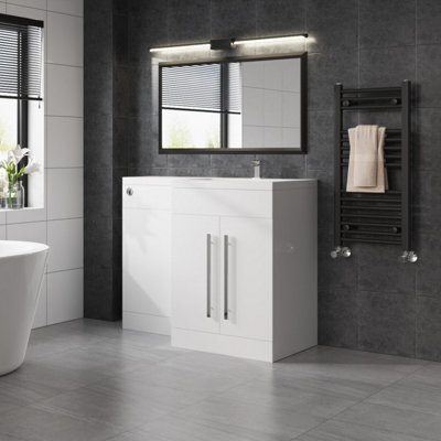 Sundaze Gloss White Bathroom Combined Furniture 1100mm L Shape Vanity Unit Right Handed With Basin Sink - image 1