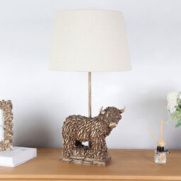 Deenz Highland Cow Table Lamp Or Bedside Light With Oatmeal Linen Fabric Shade Resin Animal Led Compatible Home Decor 