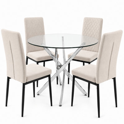 Oira Homes Modern 4 Seater Dining Table Set With Round Glass Dining Table And 4 Cream Velvet Chairs - image 1
