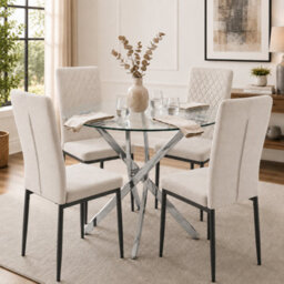 Oira Homes Modern 4 Seater Dining Table Set With Round Glass Dining Table And 4 Cream Velvet Chairs - thumbnail 2