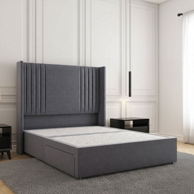 REGIONAL FURNISHINGS Divan Bed Set Steel Plush Velvet Upholstered 54Inch Headboard 2Drawers Footend & No Mattress In Double King 4Ft 6Ft Sizes - image 1