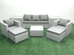 Fimous 7 Seater Rattan Garden Furniture Set 3 Seater Sofa 2 Chair Square Coffee Table 2 Big Stools 2 Side Tables Light Grey - thumbnail 2