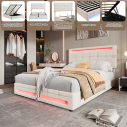 Abrihome Upholstered Bed, Hydraulic Bed, Adults Teenagers Double Bed, With 7Colors Led-Light Strips, Velvet+Iron, 135X190Cm,beige - thumbnail 4