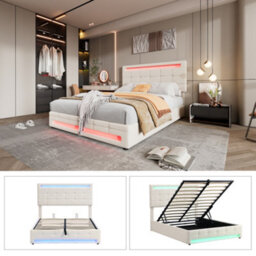 Abrihome Upholstered Bed, Hydraulic Bed, Adults Teenagers Double Bed, With 7Colors Led-Light Strips, Velvet+Iron, 135X190Cm,beige - thumbnail 5